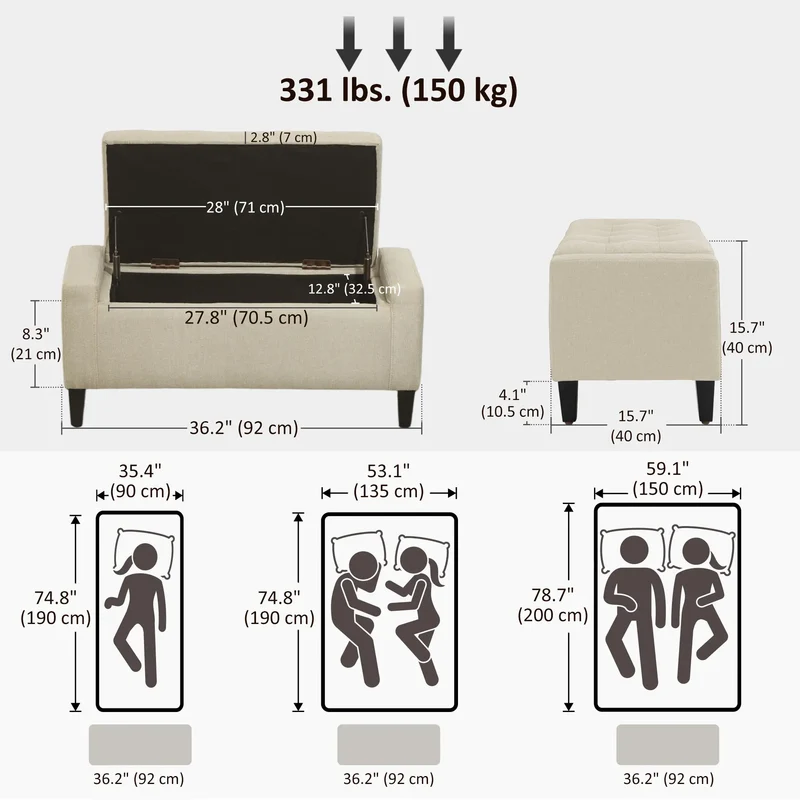 36In Storage Ottoman Bench, Wood Frame, Beige