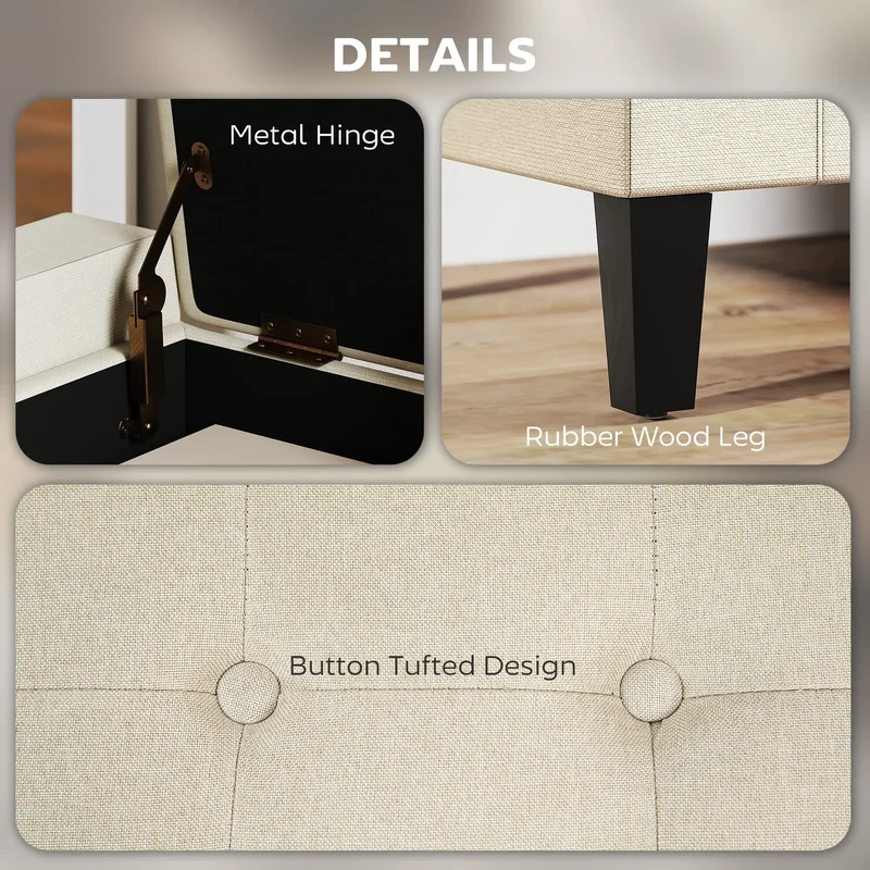 36In Storage Ottoman Bench, Wood Frame, Beige