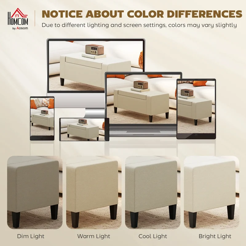 36In Storage Ottoman Bench, Wood Frame, Beige