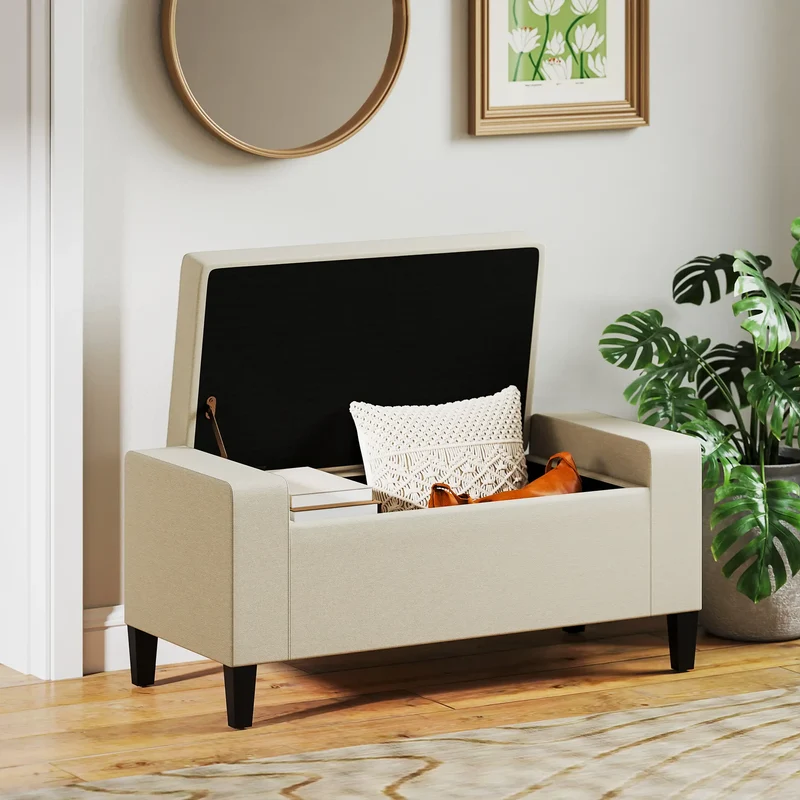 36In Storage Ottoman Bench, Wood Frame, Beige
