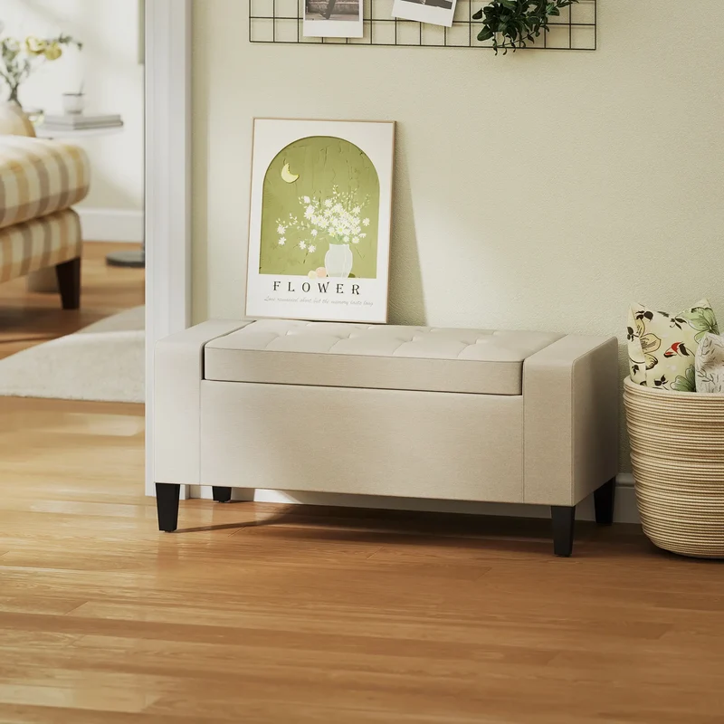 36In Storage Ottoman Bench, Wood Frame, Beige