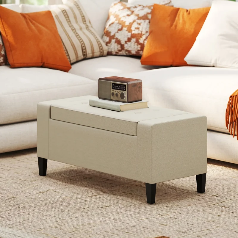36In Storage Ottoman Bench, Wood Frame, Beige