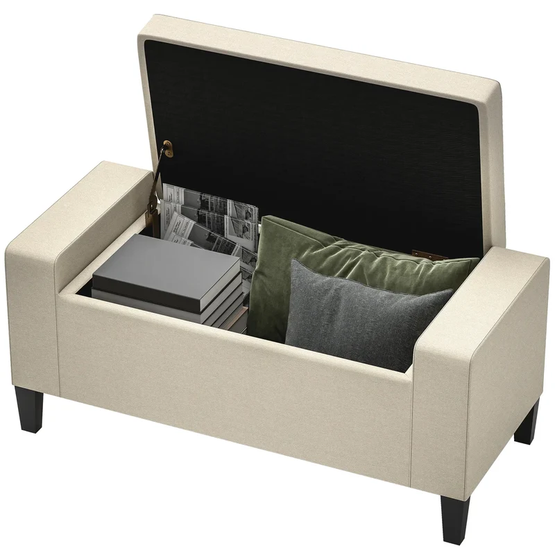 36In Storage Ottoman Bench, Wood Frame, Beige