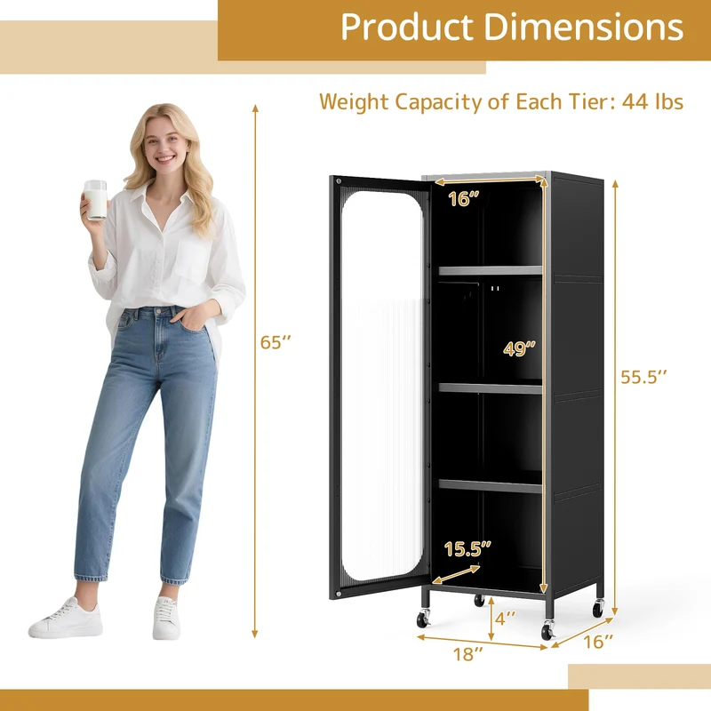 5-Tier Metal Storage Cabinet Narrow with Adjustable Shelves, Black