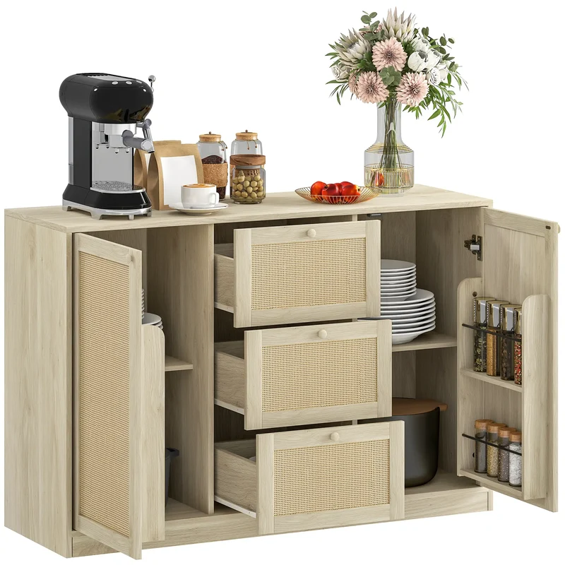 Boho Sideboard Buffet Cabinet, Kitchen Coffee Bar, 3 Drawers, 2 Shelves, 4 Racks, Natural