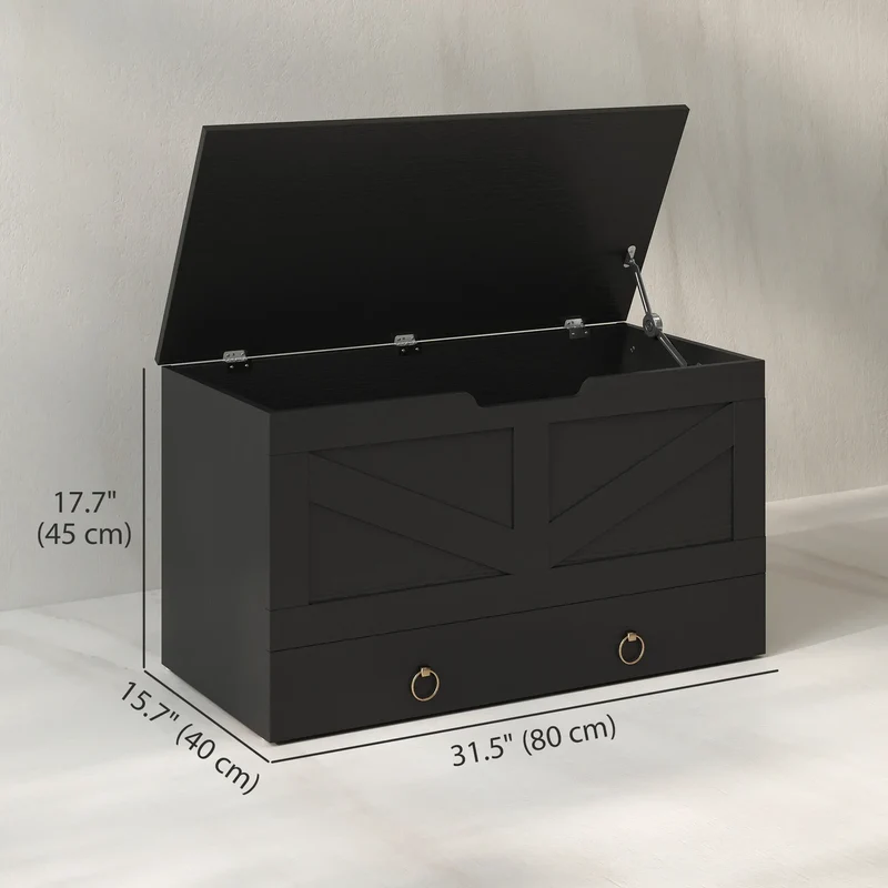 31.5 Inches Storage Chest, Wooden Box, Black Wood Grain, Black