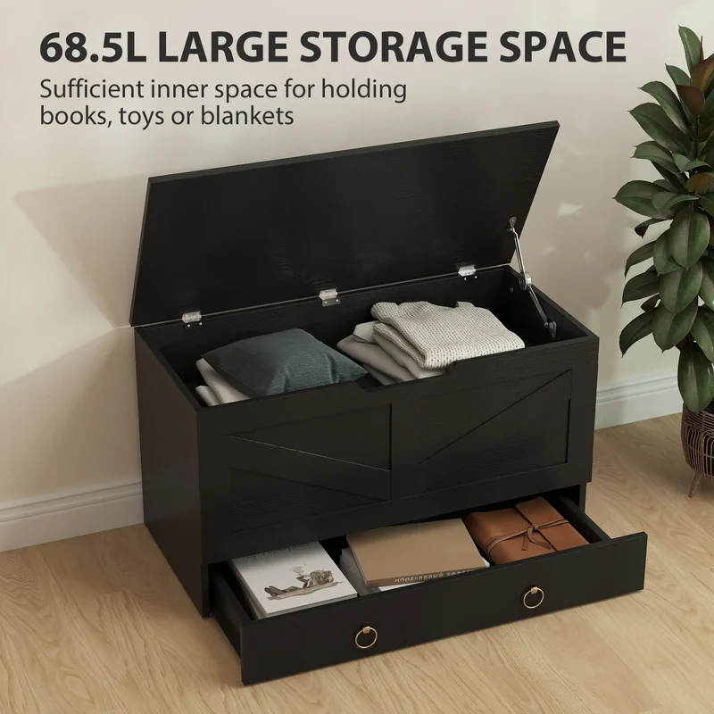 31.5 Inches Storage Chest, Wooden Box, Black Wood Grain, Black