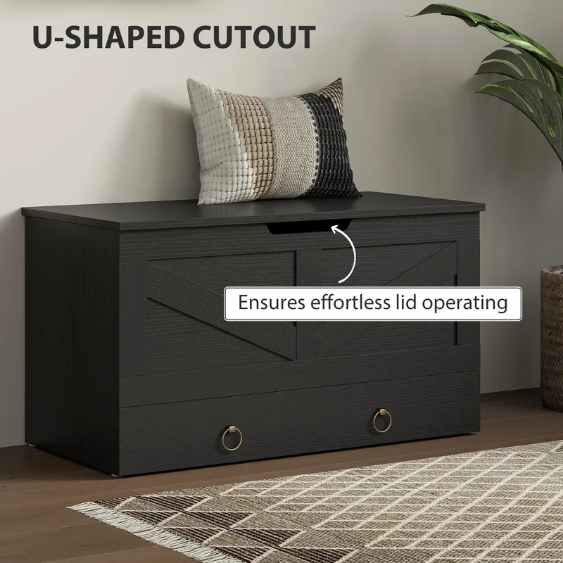 31.5 Inches Storage Chest, Wooden Box, Black Wood Grain, Black