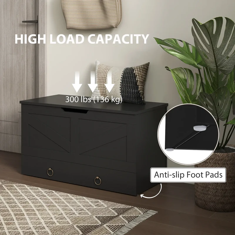 31.5 Inches Storage Chest, Wooden Box, Black Wood Grain, Black
