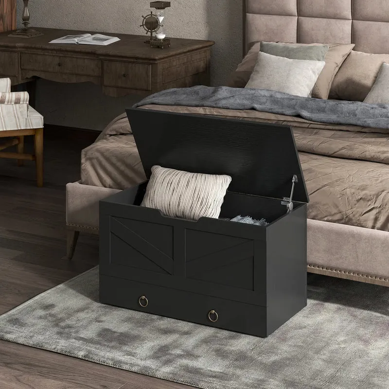 31.5 Inches Storage Chest, Wooden Box, Black Wood Grain, Black
