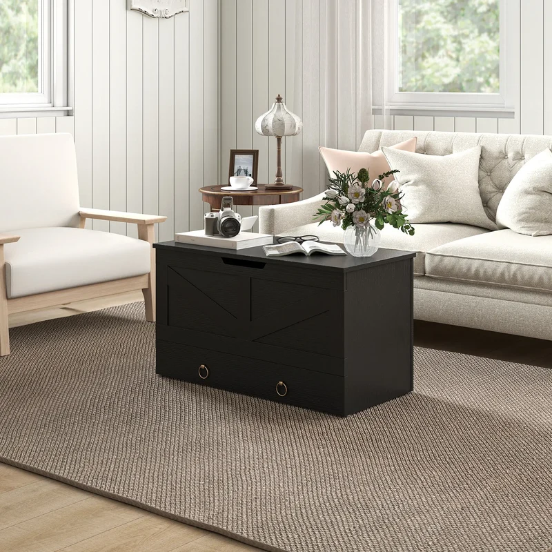 31.5 Inches Storage Chest, Wooden Box, Black Wood Grain, Black