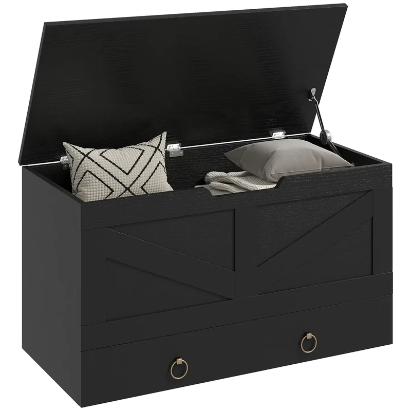 31.5 Inches Storage Chest, Wooden Box, Black Wood Grain, Black