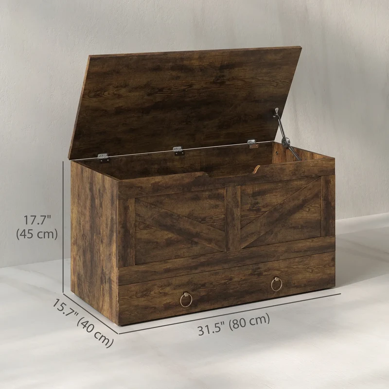 31.5 Inches Storage Chest, Wooden Box, Rustic Brown, Brown