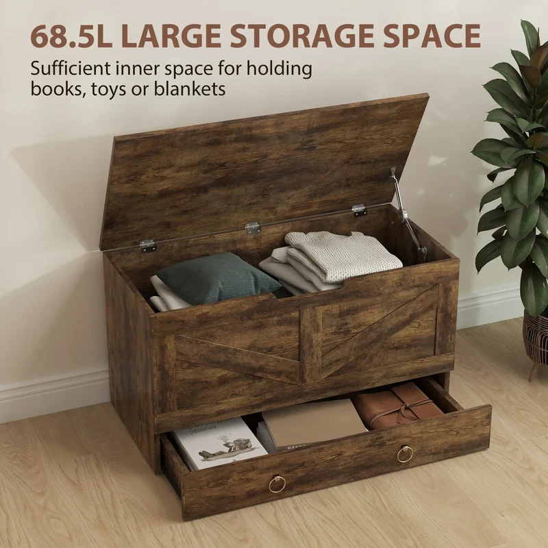31.5 Inches Storage Chest, Wooden Box, Rustic Brown, Brown