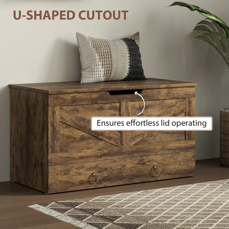 31.5 Inches Storage Chest, Wooden Box, Rustic Brown, Brown
