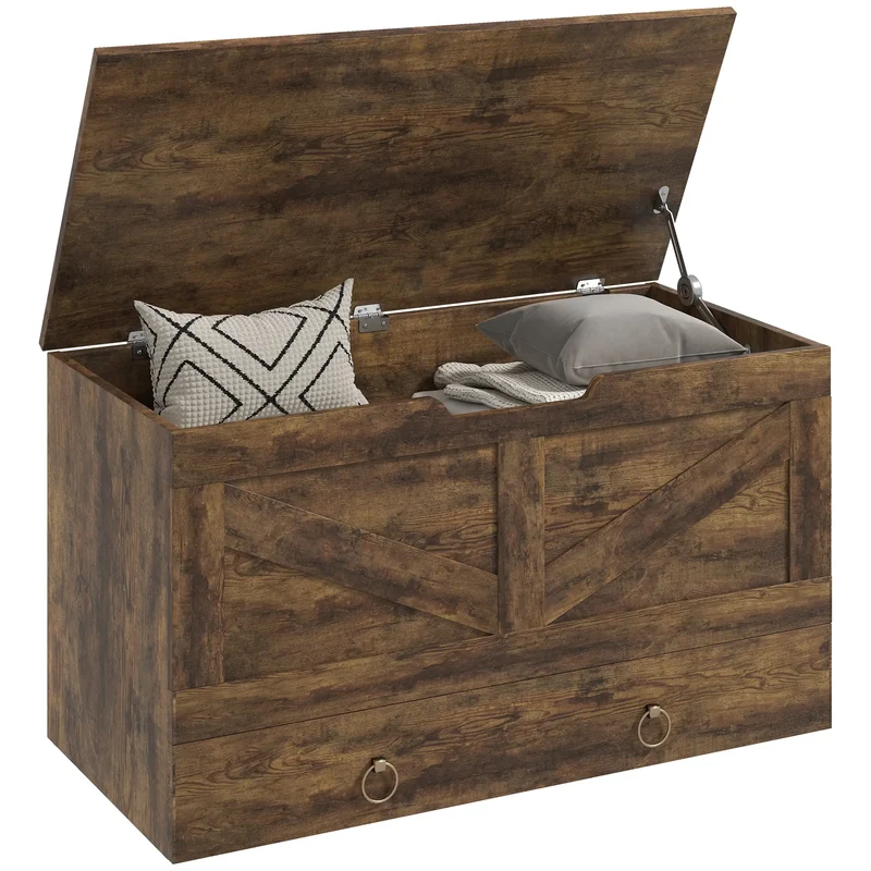 31.5 Inches Storage Chest, Wooden Box, Rustic Brown, Brown