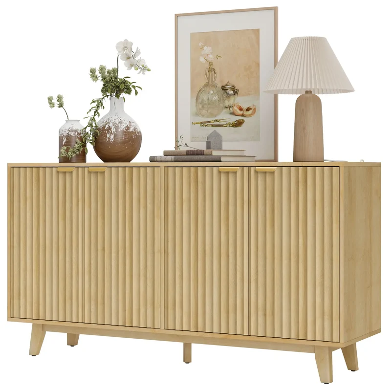 Fluted Sideboard Buffet, 55" Coffee Bar Cabinet, 4 Doors, 2 Shelves, Nature Wood