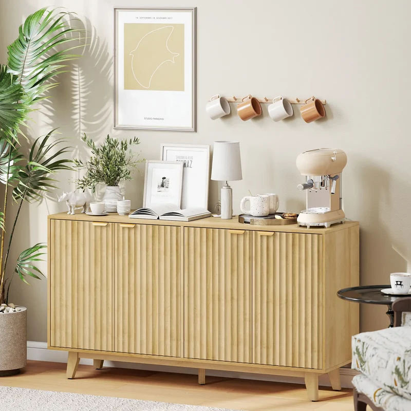 Fluted Sideboard Buffet, 55" Coffee Bar Cabinet, 4 Doors, 2 Shelves, Nature Wood