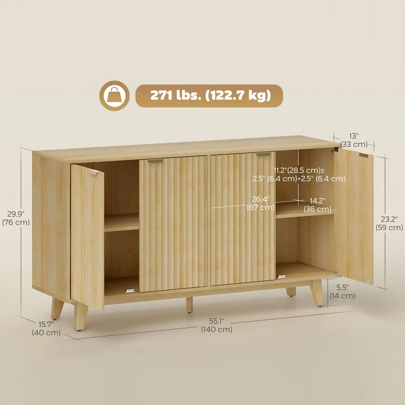 Fluted Sideboard Buffet, 55" Coffee Bar Cabinet, 4 Doors, 2 Shelves, Nature Wood