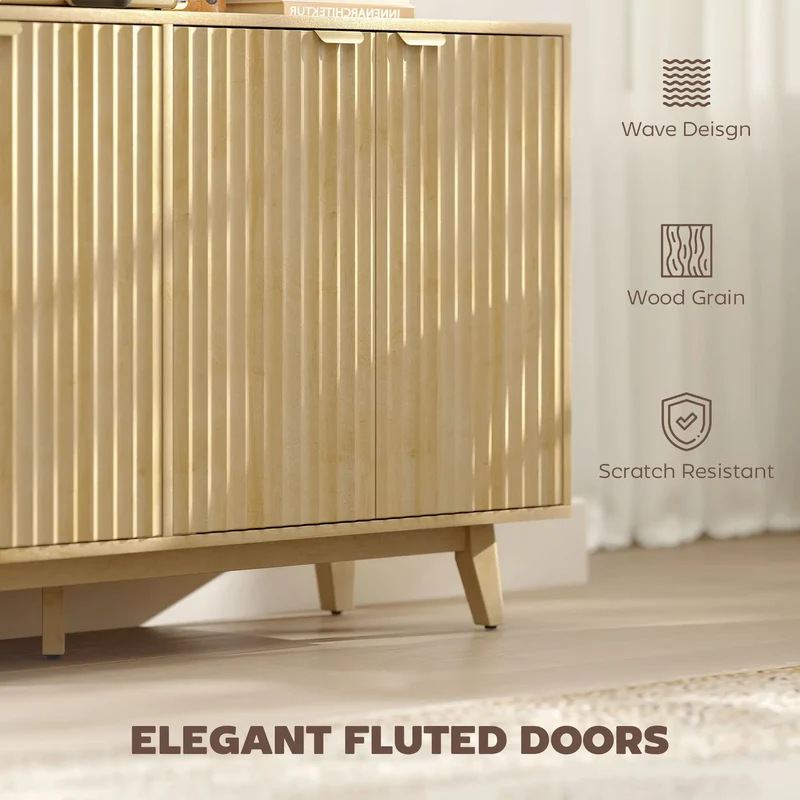 Fluted Sideboard Buffet, 55" Coffee Bar Cabinet, 4 Doors, 2 Shelves, Nature Wood