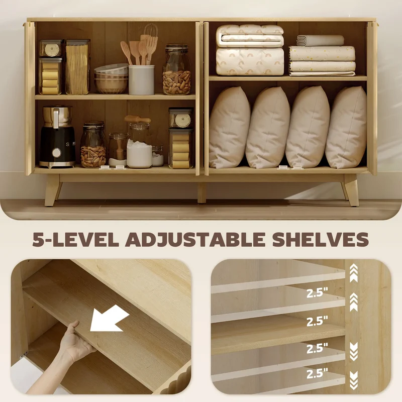 Fluted Sideboard Buffet, 55" Coffee Bar Cabinet, 4 Doors, 2 Shelves, Nature Wood