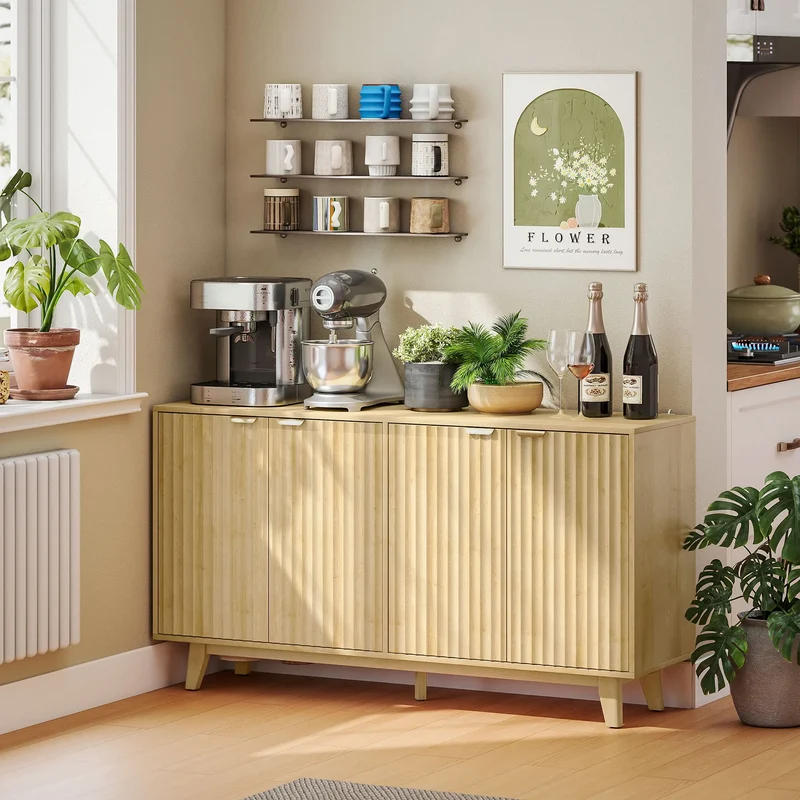 Fluted Sideboard Buffet, 55" Coffee Bar Cabinet, 4 Doors, 2 Shelves, Nature Wood