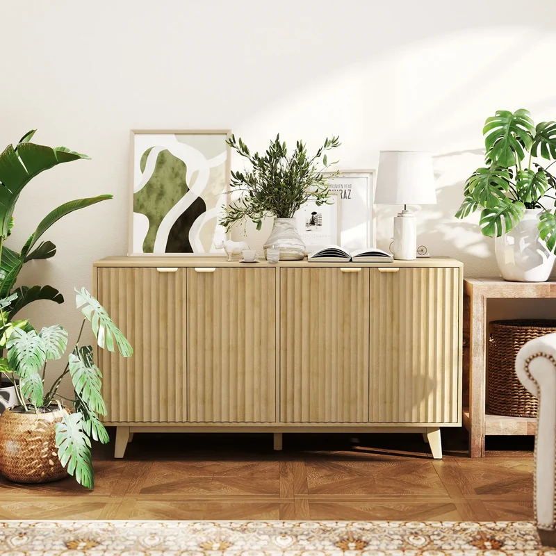 Fluted Sideboard Buffet, 55" Coffee Bar Cabinet, 4 Doors, 2 Shelves, Nature Wood