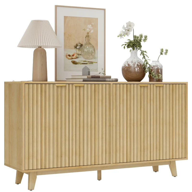 Fluted Sideboard Buffet, 55" Coffee Bar Cabinet, 4 Doors, 2 Shelves, Nature Wood