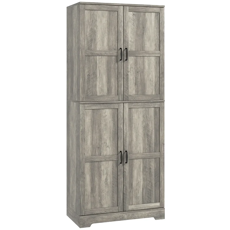Farmhouse Kitchen Pantry Cabinet, Barn Doors, Adjustable Shelves, Distressed, Grey