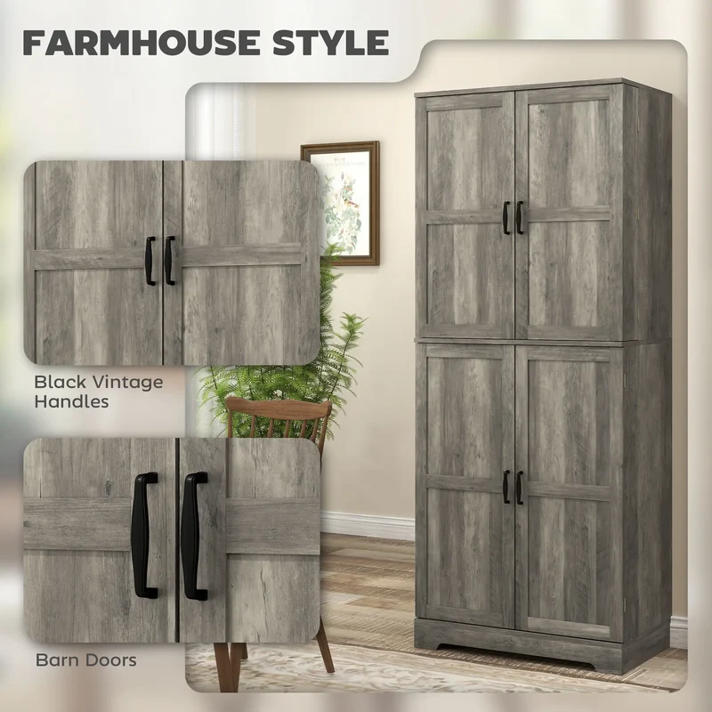 Farmhouse Kitchen Pantry Cabinet, Barn Doors, Adjustable Shelves, Distressed, Grey