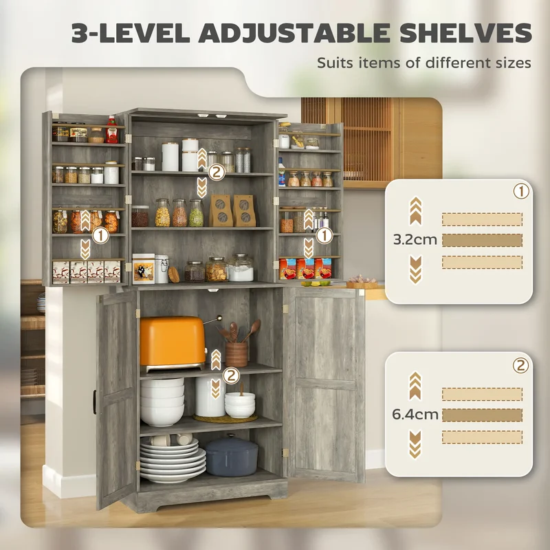 Farmhouse Kitchen Pantry Cabinet, Barn Doors, Adjustable Shelves, Distressed, Grey