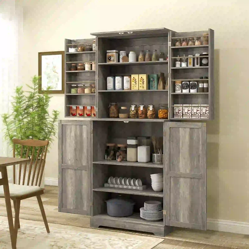 Farmhouse Kitchen Pantry Cabinet, Barn Doors, Adjustable Shelves, Distressed, Grey
