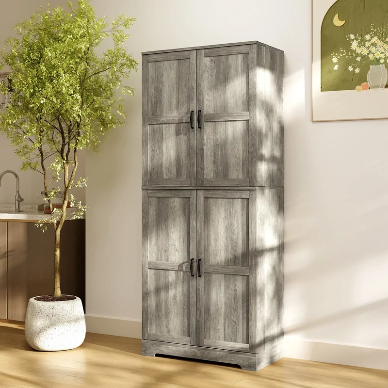 Farmhouse Kitchen Pantry Cabinet, Barn Doors, Adjustable Shelves, Distressed, Grey