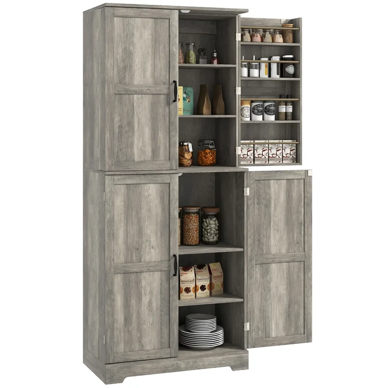 Farmhouse Kitchen Pantry Cabinet, Barn Doors, Adjustable Shelves, Distressed, Grey