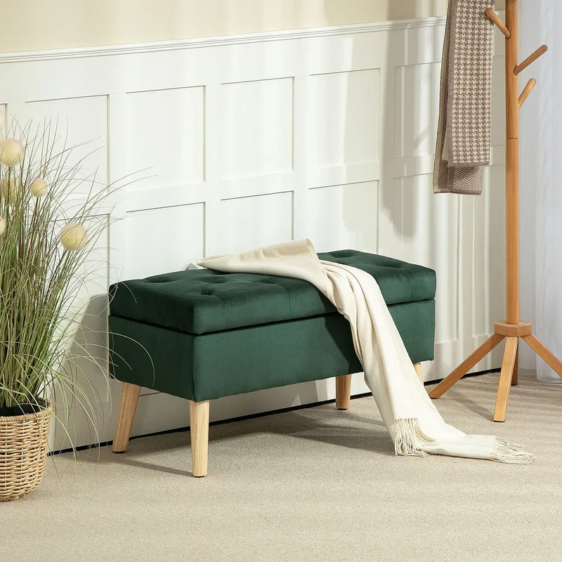 Velvet Storage Ottoman with Lid, Wood Legs, Dark Green