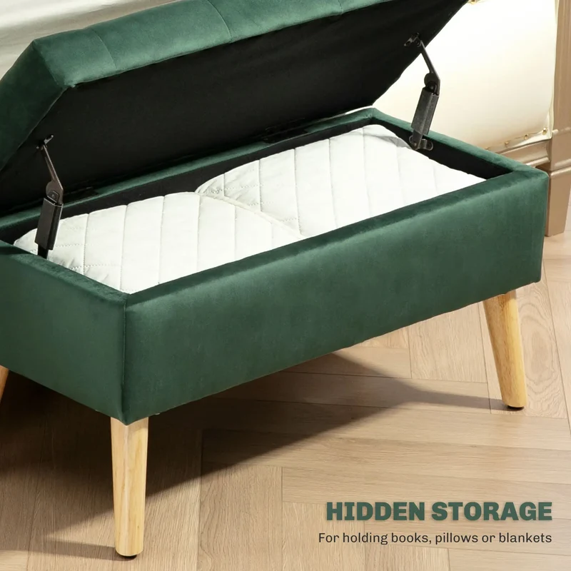 Velvet Storage Ottoman with Lid, Wood Legs, Dark Green