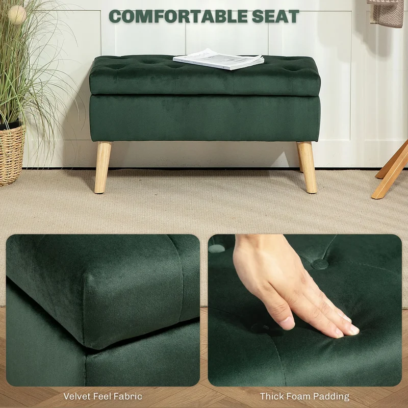 Velvet Storage Ottoman with Lid, Wood Legs, Dark Green