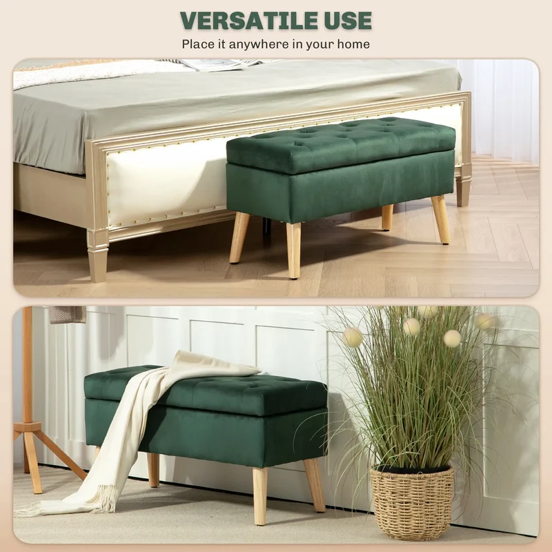 Velvet Storage Ottoman with Lid, Wood Legs, Dark Green
