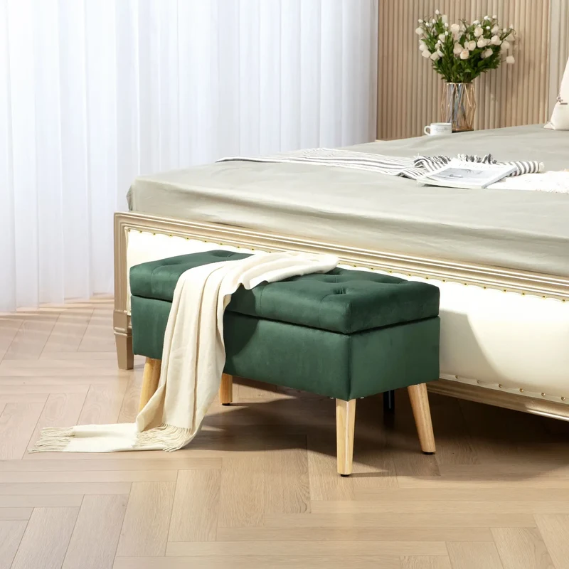 Velvet Storage Ottoman with Lid, Wood Legs, Dark Green