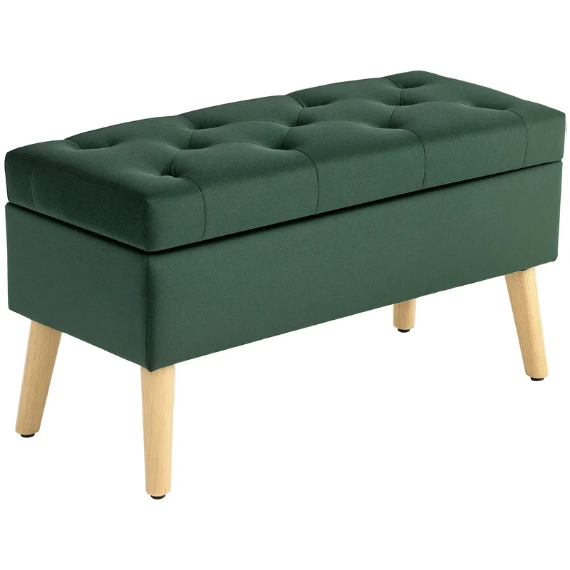 Velvet Storage Ottoman with Lid, Wood Legs, Dark Green