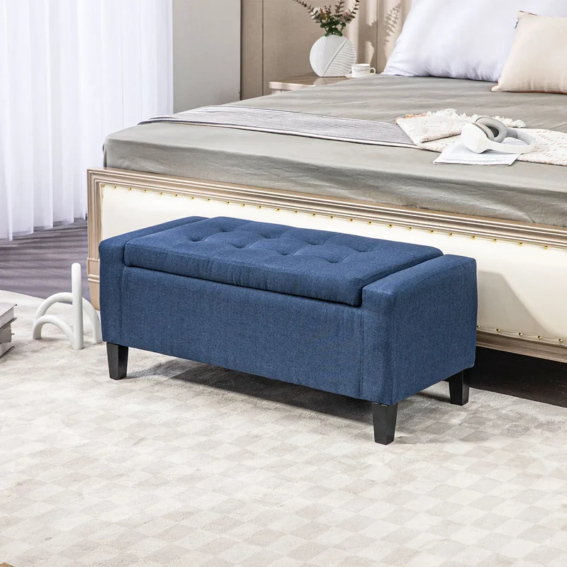 Storage Ottoman Bench, Linen Upholstered, Tufted, Dark Blue