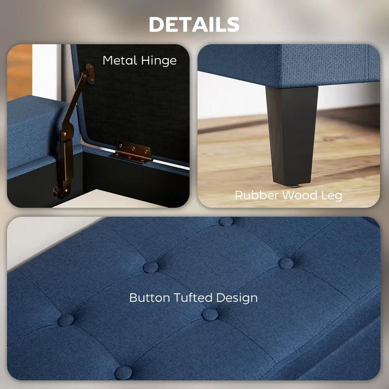 Storage Ottoman Bench, Linen Upholstered, Tufted, Dark Blue