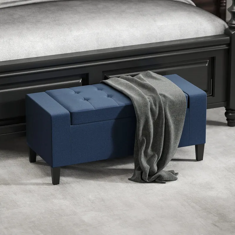 Storage Ottoman Bench, Linen Upholstered, Tufted, Dark Blue