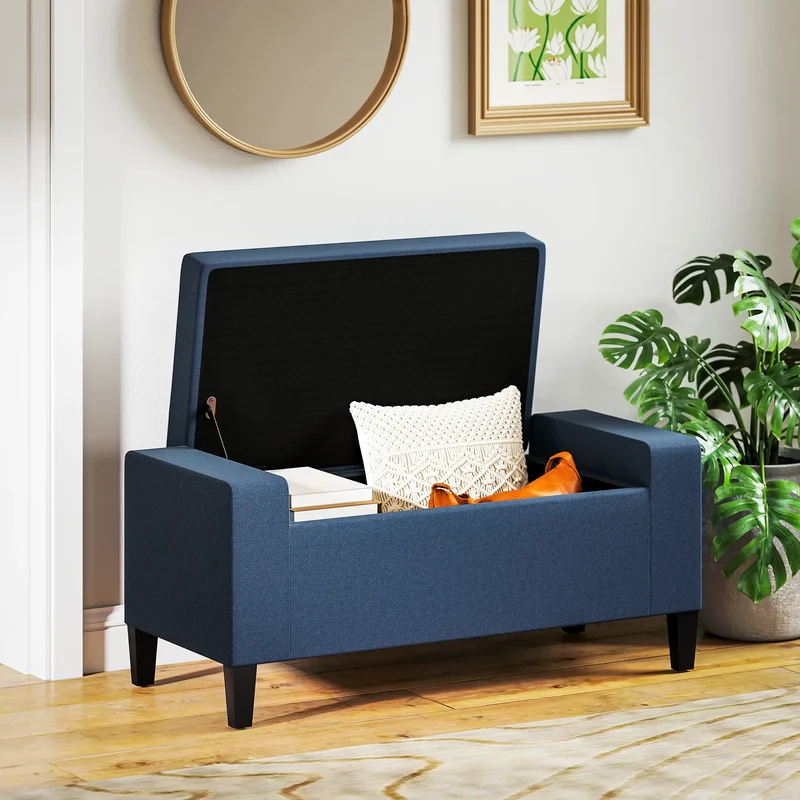 Storage Ottoman Bench, Linen Upholstered, Tufted, Dark Blue