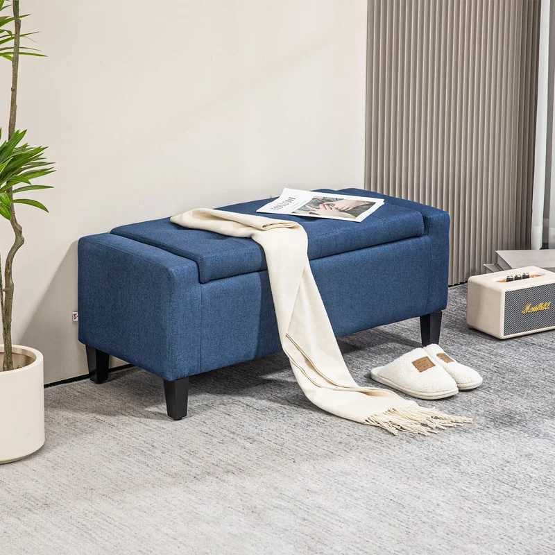 Storage Ottoman Bench, Linen Upholstered, Tufted, Dark Blue