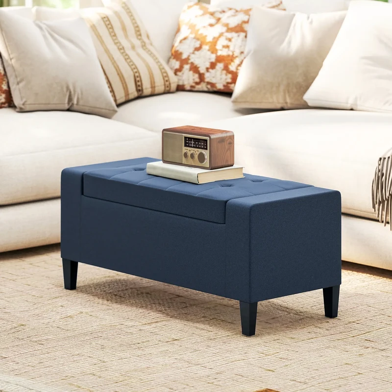 Storage Ottoman Bench, Linen Upholstered, Tufted, Dark Blue