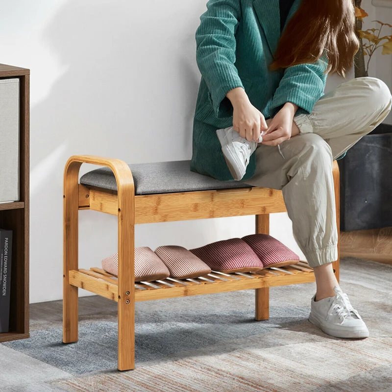 Bamboo Shoe Rack Bench With Storage Shelf, Natural