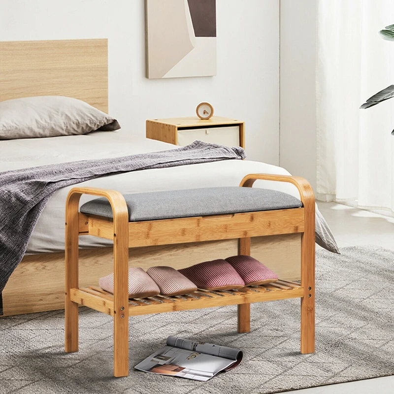 Bamboo Shoe Rack Bench With Storage Shelf, Natural