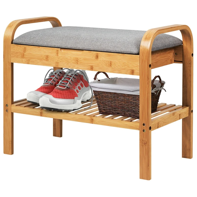 Bamboo Shoe Rack Bench With Storage Shelf, Natural