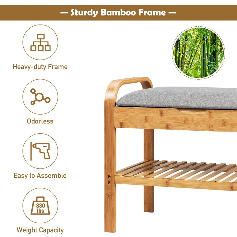 Bamboo Shoe Rack Bench With Storage Shelf, Natural